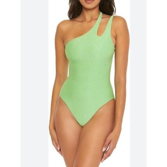 Becca Sz M Swimsuit One Shoulder One-Piece Green Glimmer Beach Retro Boho - Picture 1 of 6